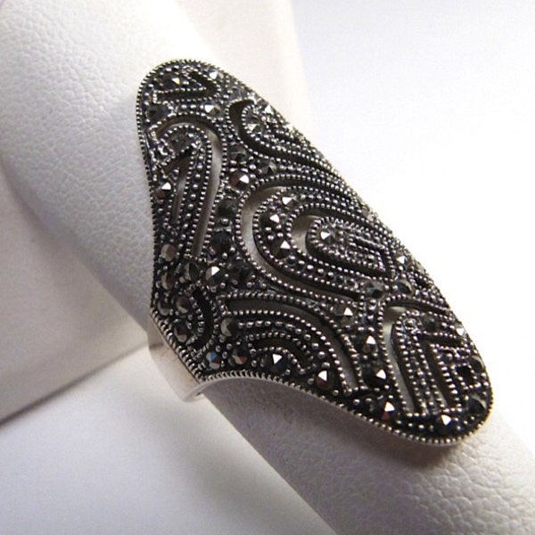 Vintage Sterling Silver & Marcasite Elongated Armor Style Ring