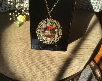 Beautiful Handmade Necklace with Amber colored Stone Dragon Fly Clear Glass Beads