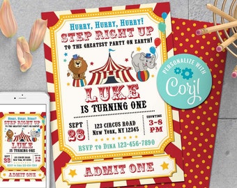 Circus Invitation-Vintage Circus Birthday Invitation-Carnival Birthday Invite-Carnival Party-Edit w Corjl- First birthday-1st-AnyAge-A101-Ct