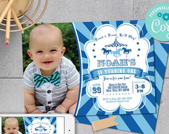 Carousel 1st Birthday Invitation, Blue Carnival Party (Self-Edit, Digital Download)-B203-CP
