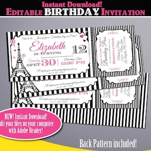Editable Paris Birthday Invitation-Pink Printable Paris Party Invitation-Parisian Birthday Invite-Paris First Birthday Party-Any Age-A112-2
