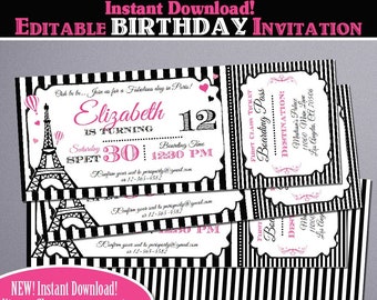 Editable Paris Birthday Invitation-Pink Printable Paris Party Invitation-Parisian Birthday Invite-Paris First Birthday Party-Any Age-A112-2