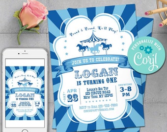 Carousel Birthday Invitation-Self Edit w Corjl-Blue Carnival Birthday Invitation-Boy Carnival Party-Circus First Birthday-Any Age-B203-Ct