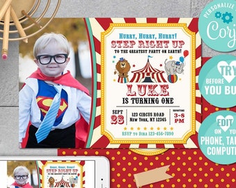 Circus Invitation-Vintage Circus Birthday Invitation-Carnival Birthday Invite-Carnival Party-Edit w Corjl- First birthday-1st-AnyAge-A101-Cp