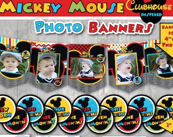 Instant Download Mickey Mouse Clubhouse Birthday party Photo banner with 12 months sticker + Newborn sticker-First Birthday-1st Birthday