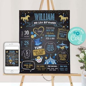 Carousel Birthday Milestone Chalkboard-Self Edit w Corjl-Gold Carnival Welcome Poster-Carnival Party-Circus First Birthday-Any Age-B203-Ct