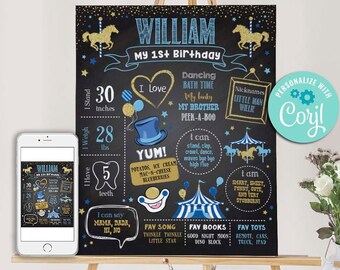 Carousel Birthday Milestone Chalkboard-Self Edit w Corjl-Gold Carnival Welcome Poster-Carnival Party-Circus First Birthday-Any Age-B203-Ct