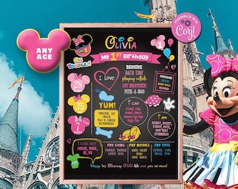 MINNIE Mickey Mouse Clubhouse Inspired Milestone Chalkboard-Self Edit w Corjl-Welcome Board Decoration-Oh Toodles-First Birthday-AnyAge-B235