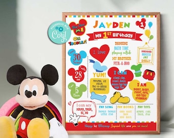 Mickey Mouse Clubhouse Inspired Milestone Poster-Mickey 1st Birthday Welcome Board Decoration Chalkboard-Oh Toddles-Self Edit w Corjl-B231-P