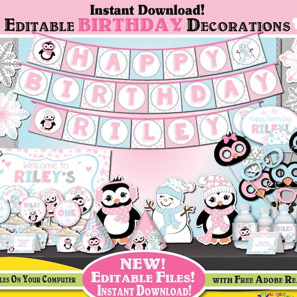 Editable ONEderland Birthday Decorations-Self-Edit Printable ONE-derland Party Decors-First Birthday-Penguin Birthday-Winter Party-A-103-G