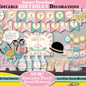 Editable Carousel Birthday Decorations-Printable Carnival Birthday Party Decors-Pink Gold Circus-Carousel First Birthday-Any Age-A106-P