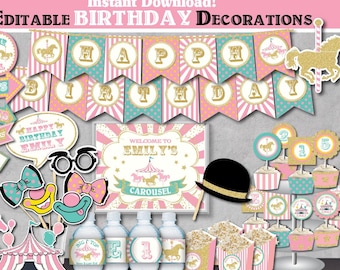 Editable Carousel Birthday Decorations-Printable Carnival Birthday Party Decors-Pink Gold Circus-Carousel First Birthday-Any Age-A106-P