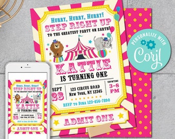 Circus Invitation-Vintage Circus Birthday Invitation-Carnival Birthday Invite-Carnival Party-Edit w Corjl- First birthday-1st-AnyAge-A118-Ct