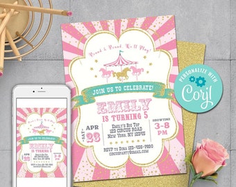 Editable Carousel Birthday Invitation-Self Editing Pink Gold Carnival Birthday Invitation-Carnival Party-Circus First Birthday-Any Age-A106