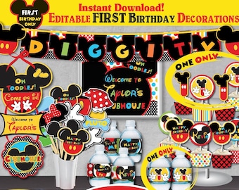 Self-Editing Mickey Mouse Clubhouse birthday Decoration Kit-Mickey Mouse First Birthday Decors-Oh Toodles-Diggity-First Birthday ONLY-B231-K