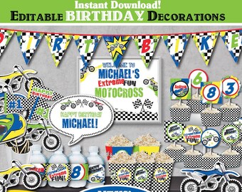 Dirt Bike Birthday Decorations, Editable Party Decor (Digital Download)-B204-K