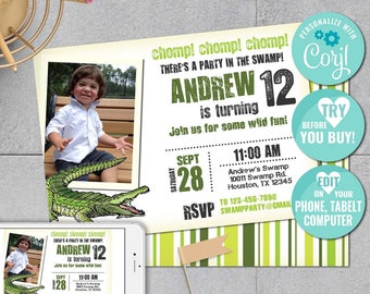 Alligator Birthday Invitation-Self Edit w Corjl- Alligator Party Invitation-Swamp Birthday-Swamp party-First Birthday Party-Any Age-B205-cp