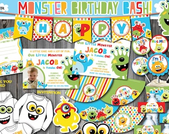May include: Monster birthday party printable decorations with a blue, green, and yellow color scheme. The set includes a banner, cupcake toppers, cupcake wrappers, a thank you card, an invitation, iron-on t-shirt design, photo booth props, and napkin ring labels. The text on the invitation reads "Our little monster Jacob is turning one!"