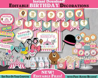 Editable Pink Gold Circus Birthday Decorations-Printable Carnival Birthday Party Decors-Carnival Party-Circus First Birthday-Any Age-A104-P