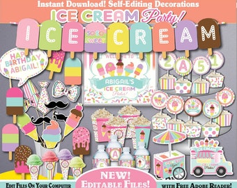 Self-Editing Ice Cream Birthday Decoration Kit-Printable Ice Cream Party Decors-Ice Cream First Birthday-Popsicle Party-Summer Party-A116-K