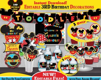 Self-Editing Mickey Mouse Clubhouse birthday Decoration Kit-Mickey Mouse 3rd Birthday Decors-Oh Toddles-Diggity-Third Birthday ONLY-B231-K3