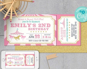 Carousel Birthday Invitation-Self Edit w Corjl-Pink Gold Carnival Birthday Ticket-Carnival Party-Circus First Birthday-Any Age-A106-Cti