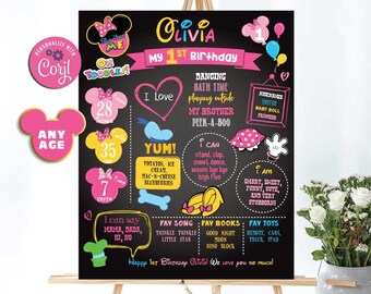 MINNIE Mickey Mouse Clubhouse Inspired Milestone Chalkboard-Self Edit w Corjl-Welcome Board Decoration-Oh Toodles-First Birthday-AnyAge-B235