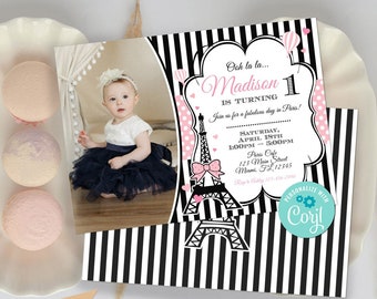 Paris Birthday Photo Invitation-Self Edit w Corjl-Pink Paris Party Invitation-Parisian Birthday Invite-Paris First Birthday-Any Age-A111