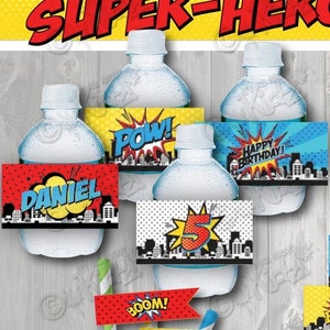 SUPERHERO Party PRINTABLE Water bottle Label & Free Straw Flags ONLY! Superhero Party Water Bottle Labels-Superhero Birthday-Super Hero