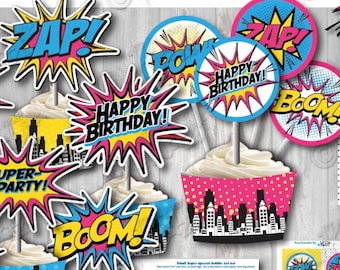 Instant Download! Girl SUPERHERO Birthday Party Cupcake Toppers and cupcake wrappers-Superhero Party Decoration 2" Party Circles ONLY