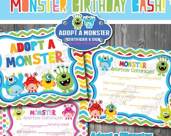 Instant Download Adopt a Monster Certificate and Sign-Blue-Monster birthday game-Monster party decoration-Monster Birthday Printables