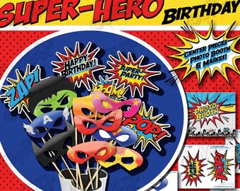 SUPERHERO Birthday Party Photo Booth Props-Sign and SUPERHERO Masks ONLY-Superhero Party Center Pieces-Superhero Photo Booth Printable
