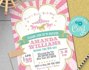 Carousel Baby Shower Invitation-Circus Baby Shower Invitation-Carnival Baby Shower Invite-Carnival Party-Edit w Corjl-Come One Come All-B416