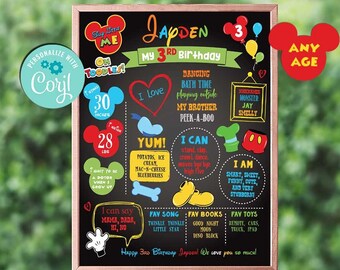 Quadro de aniversário autoeditável inspirado na Casa do Mickey Mouse - Decorações de boas-vindas para aniversários - Oh Toddles - Primeiro aniversário - Qualquer idade - B231