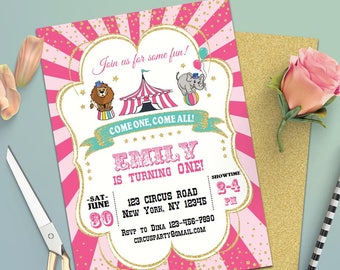 Editable Pink Gold Circus Birthday Invitation-Printable Carnival Birthday Party Invitation-Carnival Party-Circus First Birthday-Any Age-A104