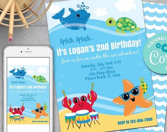 Under the Sea Party Birthday Invitation-Self-Edit w Corjl-Pool Party Invite -Splish Splash Party-Summer Party-First Birthday-AnyAge-B202-ct