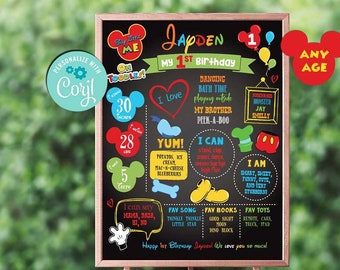 Self-Editing Mickey Mouse Clubhouse Inspired Milestone Chalkboard-Birthday Welcome Board Decorations-Oh Toddles-First Birthday-Any Age-B231