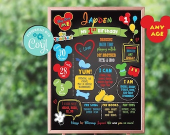 Self-Editing Mickey Mouse Clubhouse Inspired Milestone Chalkboard-Birthday Welcome Board Decorations-Oh Toddles-First Birthday-Any Age-B231