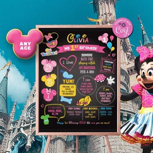 MINNIE Mickey Mouse Clubhouse Inspired Milestone Chalkboard-Self Edit w Corjl-Welcome Board Decoration-Oh Toodles-First Birthday-AnyAge-B235