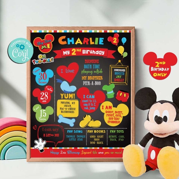 Mickey Mouse Clubhouse Inspired 2nd Birthday Milestone Chalkboard-Self Edit w Corjl-2nd Birthday Welcome Poster Decorations-Oh Two-dles-B232