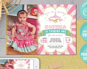 Carousel Birthday Invitation-Self Edit w Corjl-Pink Gold Carnival Birthday Invitation-Carnival Party-Circus First Birthday-Any Age-A106-CP
