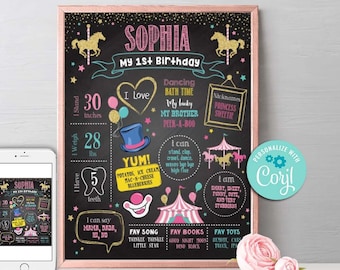 Carousel Birthday Milestone Chalkboard-Self Edit w Corjl-Gold Carnival Welcome Poster-Carnival Party-Circus First Birthday-Any Age-A106-CC