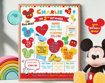 Mickey Mouse Clubhouse Inspired 2nd Birthday Milestone Poster-Self Edit w Corjl-2nd Birthday Welcome ChalkBoard Decorations-Oh Two-dles-B232