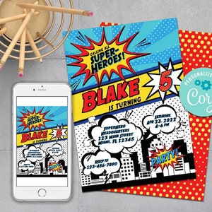 May include: A comic book-themed birthday invitation for a 5-year-old boy named Blake. The invitation features a red, yellow, and blue color scheme with a superhero theme. The text reads "Calling all Super-Heroes! Blake is turning 5. Superhero Headquarters 123 Main Street Miami, FL 12345 Saturday Apr 23, 2022 4-6 PM RSVP to 123-456-7890 Party!"
