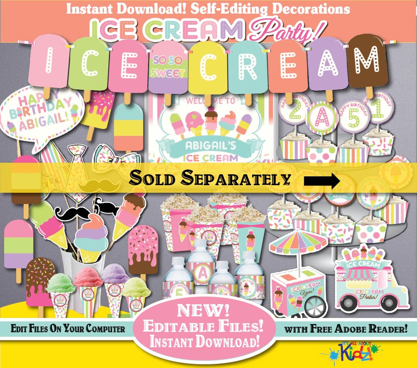 Ice Cream Birthday Photo Booth Props-printable Ice Cream Party - Etsy