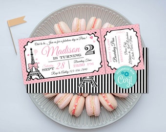 Paris Birthday Ticket Invitation, Pink Parisian Party (Corjl Edit)-A111