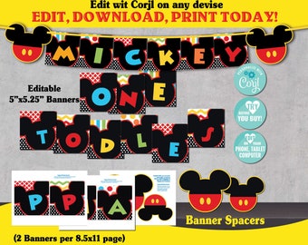 Mickey Mouse Clubhouse Inspired birthday Banner-Self Edit Corjl-Printable Mickey Mouse Party Banner-First Birthday-Any Age-Baby Shower-B231