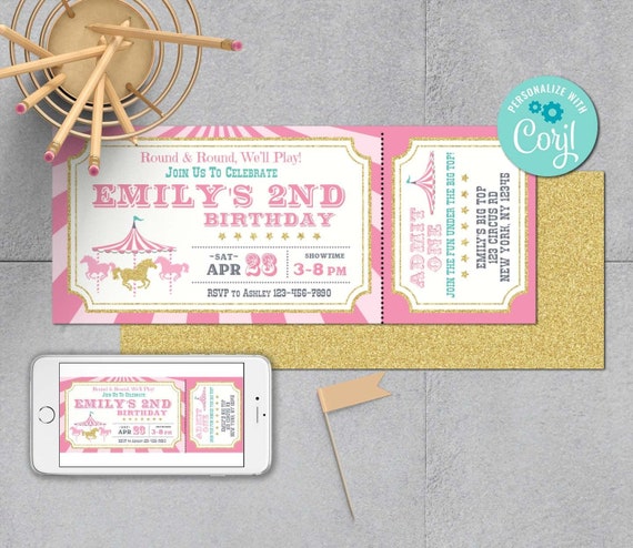 Carousel Birthday Invitation-Self Edit w Corjl-Pink Gold Carnival Birthday Ticket-Carnival Party-Circus First Birthday-Any Age-A106-Cti