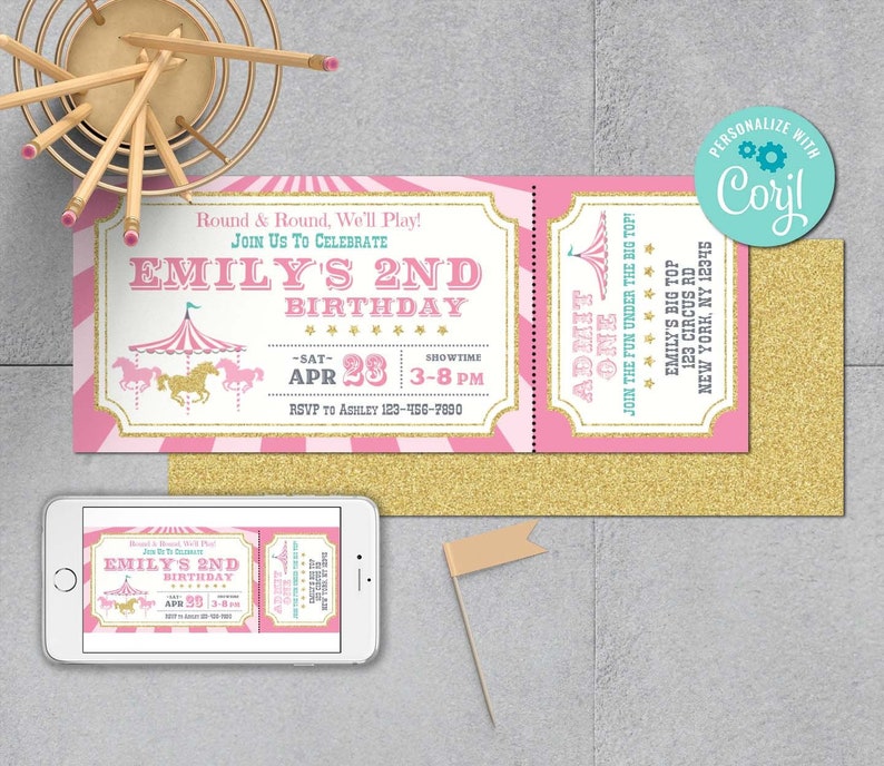 May include: Pink and white circus-themed birthday party invitation with gold glitter accents. The invitation features a ticket design with the text "Emily's 2nd Birthday" and details for the party, including the date, time, and RSVP information.