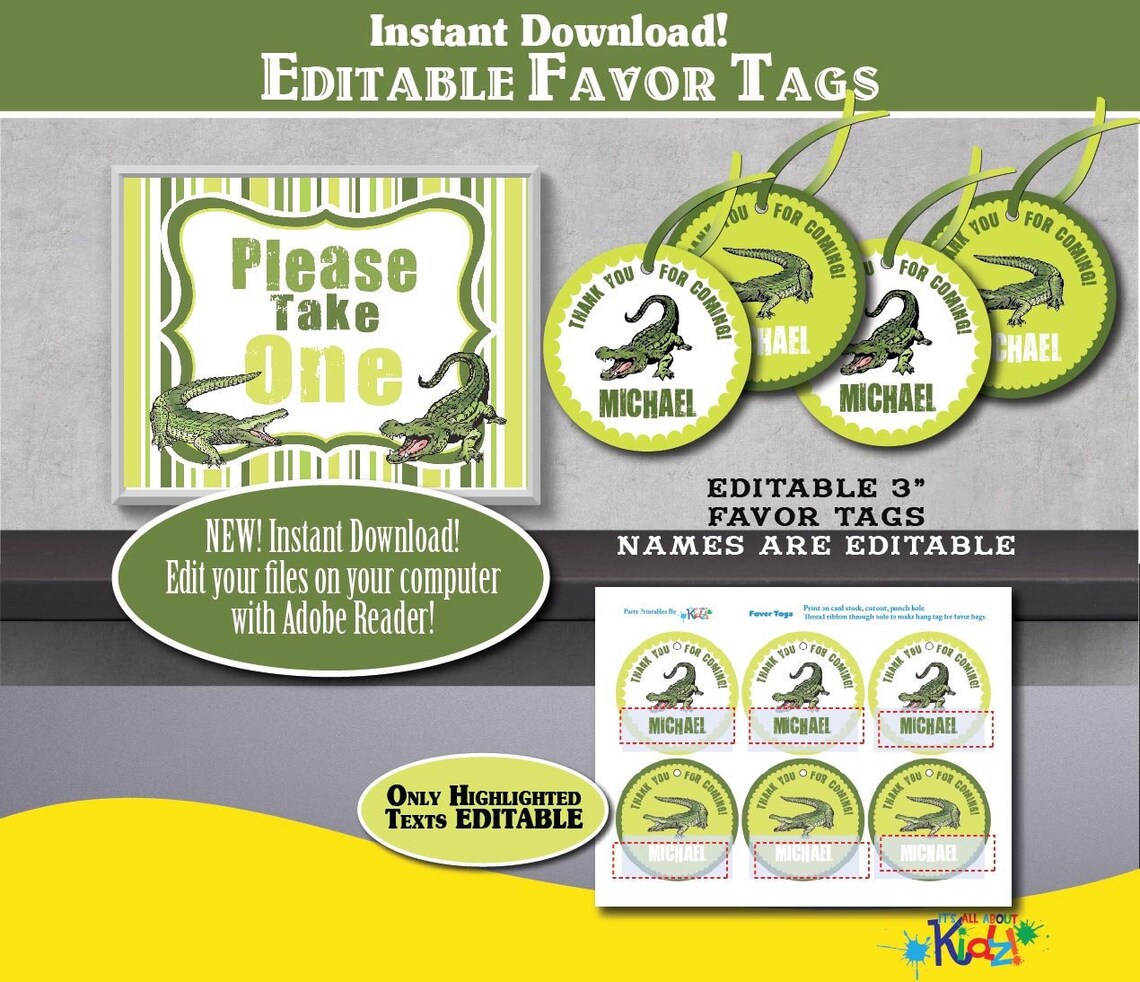 Self Editable Alligator Party Favor Tagsprintable Alligator Etsy